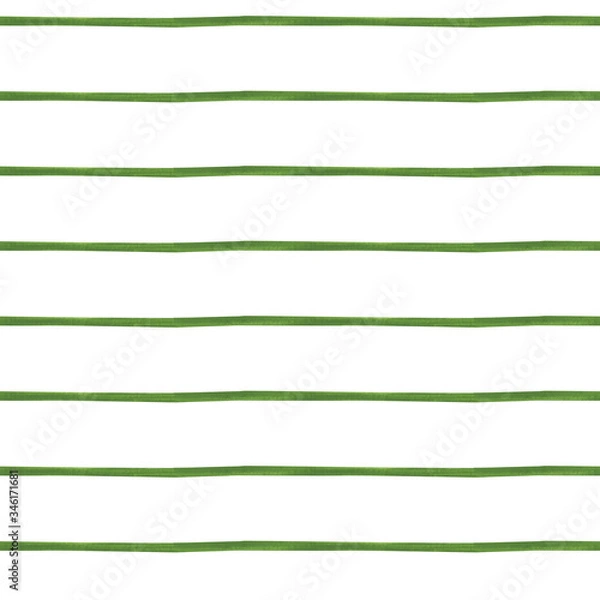 Fototapeta Seamless pattern in a thin, green stripe on a white background. An infinite, free line of paint. A simple ornament. Print for fabric, paper, packaging. Stock image