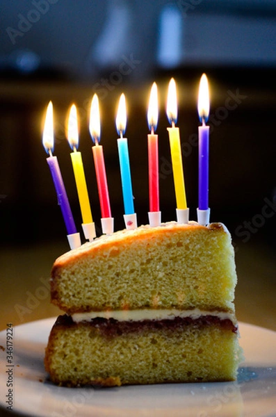 Obraz Birthday cake slice with candles lit