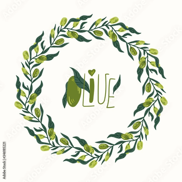 Fototapeta Green olives on a branch vector illustrations wreath. hand draw cartoon Scandinavian nordic design style for fashion or interior or cover or textile or background.