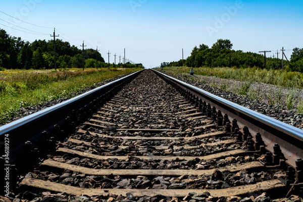 Fototapeta A single railway track extending into the horizon