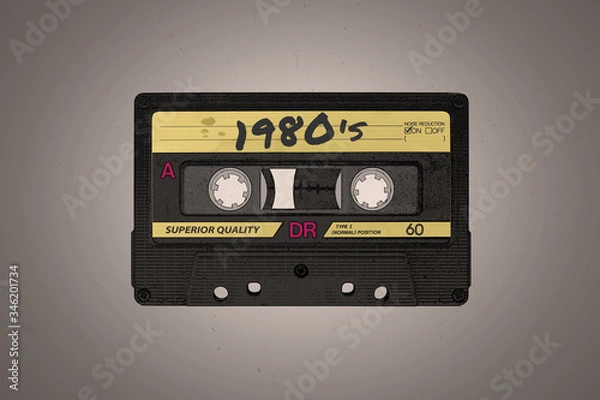 Obraz A retro 1980's themed black and yellow aged audio cassette illustration background with copy space