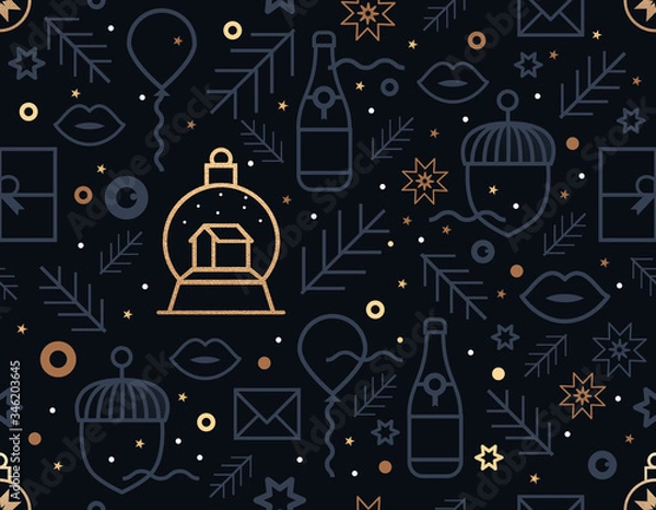 Obraz New Year pattern of the style of abstract contour art.  Includes a balloon, confetti, and a Christmas glass ball with Gold grunge texture. Seamless ornament for decor, wallpaper, New Year's souvenirs