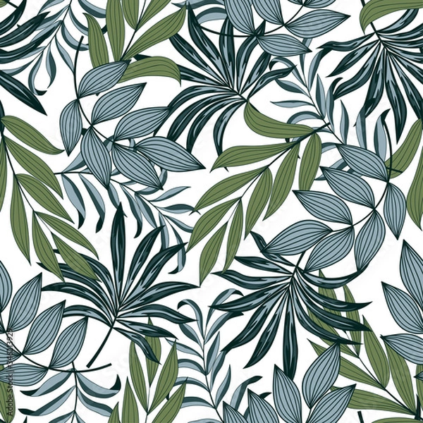 Fototapeta Abstract seamless tropical pattern with bright plants and leaves on a light background. 
Beautiful seamless vector floral pattern. Modern abstract design for fabric, paper, interior decor.