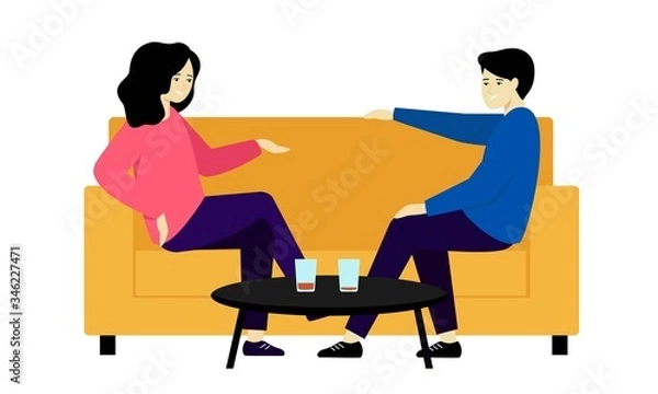 Obraz A man and a woman are talking and drinking. The guy and the girl are sitting on the couch and chatting.