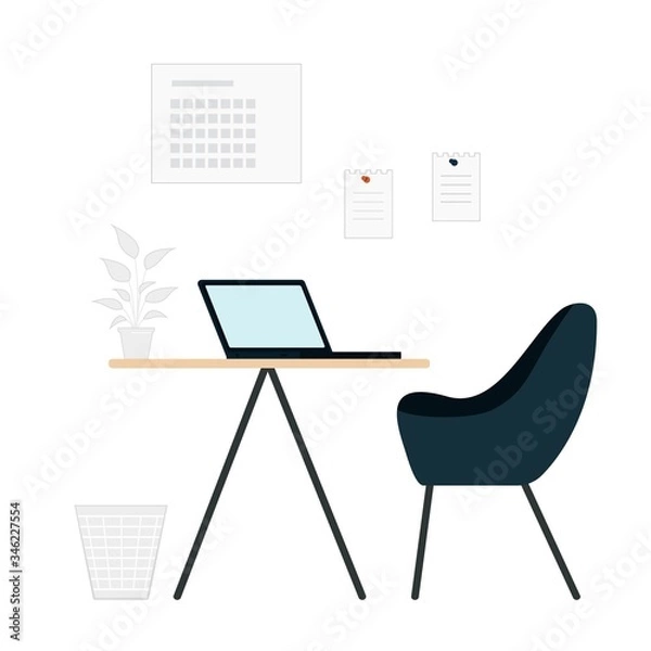 Obraz The interior of the office. Workplace environment: desktop, chair, laptop, trash can, flower in a pot.