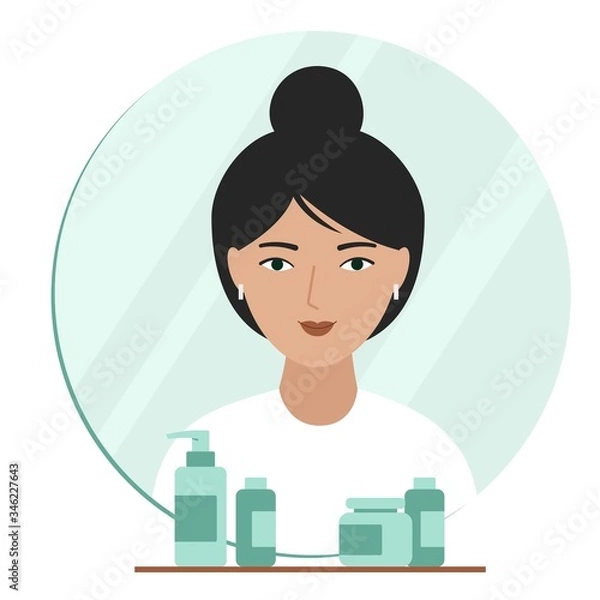 Obraz Reflection of a girl in the mirror. Interior elements in the bathroom: mirror, shelf, jars with cosmetics.