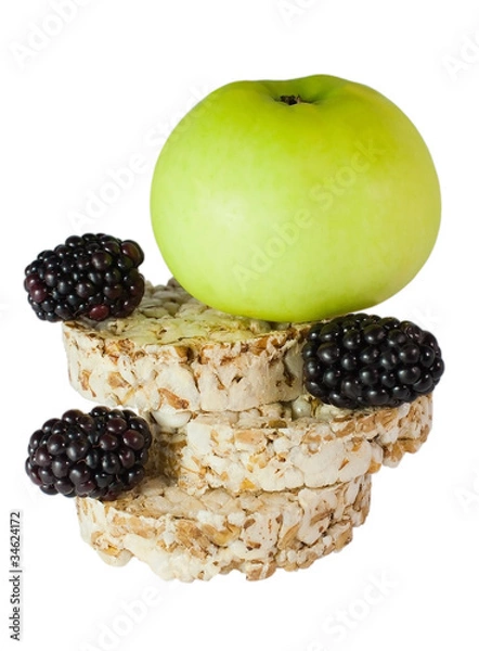 Fototapeta Apple, blackberries and crispbread isolated on white