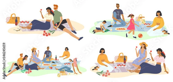 Fototapeta Smiling friends and family relaxing at picnic in the park. Happy men and women, children drinking and eating food on lawn. Group of stylish people having lunch with nature landscape view on background
