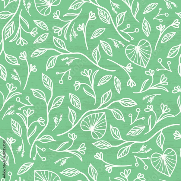 Fototapeta Vector decorative branches with leaves on green background. Seamless pattern