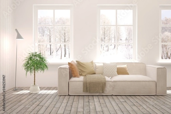 Fototapeta White living room with sofa and winter landscape in window. Scandinavian interior design. 3D illustration