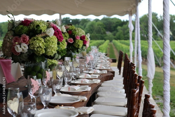 Obraz outdoor wedding at a vineyard  dinner set up