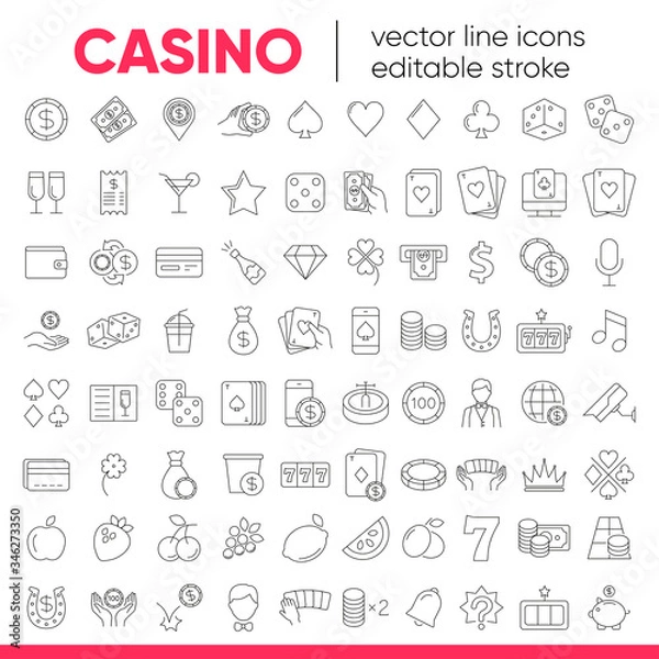 Fototapeta Casino and gamble set. Collection of vector line icons with elements for mobile concept and web app. Icons of slot machine, roulette, playing cards, dice, poker and more. Design with editable stroke.