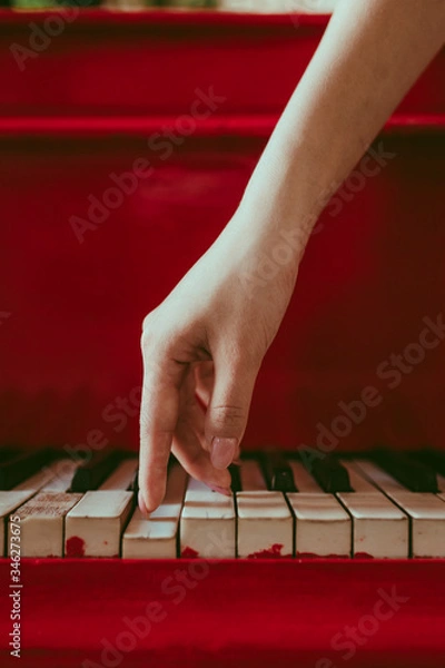 Fototapeta a close-up of a side view with female hand with pink manicure playing the piano. An old red piano with black and white keys. A palm above the keyboard. Graceful fingers of composer or musician