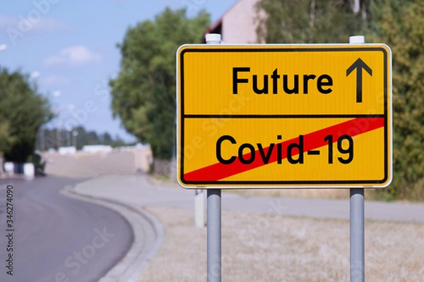 Obraz Yellow sign points away from Covid-19 to future
