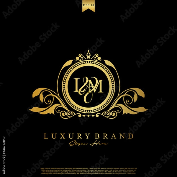 Fototapeta Logo Initial letter LM luxury vector mark, gold color elegant classical symmetric curves decor.
