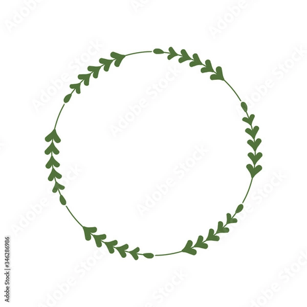 Obraz Round frame of green twigs with leaves. Design template for logo, invitation, greetings. Laconic stylish wreath. Minimalist border. Deciduous wreath. Vector illustration, stick, leaf
