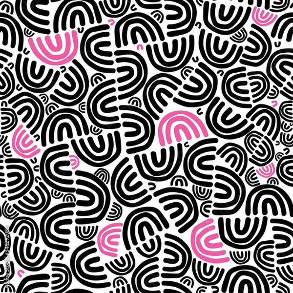 Fototapeta Vector doodled hand drawn rainbows. Black and white seamless repeat pattern