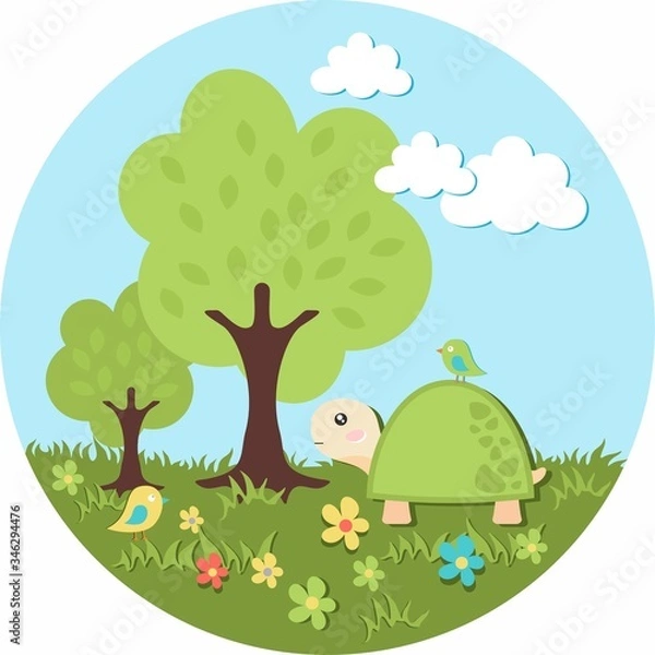 Fototapeta Apple tree with a turtle and birds in the meadow
