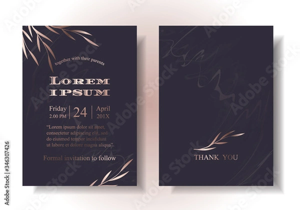 Obraz Wedding card Invitation, strange color, navy mixed with red, decorated with swaying leaves Rose gold tone, luxurious, elegant, conceptual. The back has a thin marble pattern. Illustration