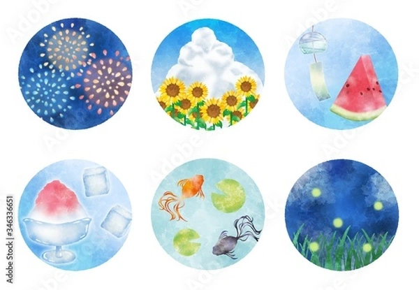Fototapeta 夏の風物詩　アイコンセット　水彩風　花火　ひまわり　スイカ　風鈴　かき氷　金魚　蛍