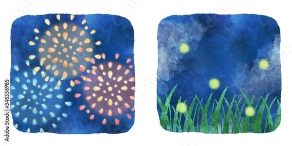 Fototapeta 夏の夜　花火と蛍　水彩風イラスト