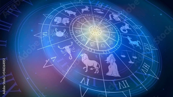 Fototapeta Wykres kołowy ze znakami zodiaku w kosmosie, astrologii i horoskopie