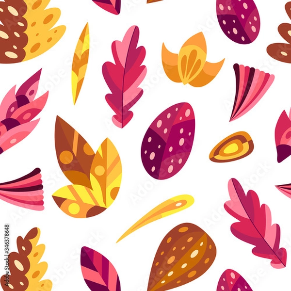 Fototapeta Autumn seamless pattern with flowers and leaves in decorative flat style. Background for textile, wallpapers, gift paper. Vector season illustration on white