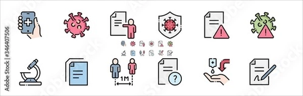 Obraz Coronavirus Protection Filled Outline Icons. Colorful Linear Set Vector Line Icon. Protective Measures, Coronavirus Symptoms, Incubation Period and more. 64x64 Pixel Perfect. Editable Stroke