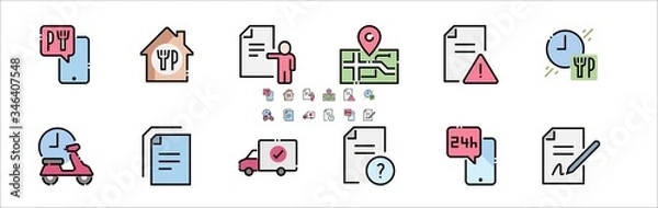 Obraz Food Delivery Filled Outline Icons. Colorful Linear Set Vector Line Icon. Courier Bike, Food Box, Contactless Delivery and more. 64x64 Pixel Perfect. Editable Stroke