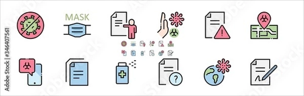 Obraz Coronavirus Safety Filled Outline Icons. Colorful Linear Set Vector Line Icon.  Outbreak Map, Washing Hands, Mask and more. 64x64 Pixel Perfect. Editable Stroke