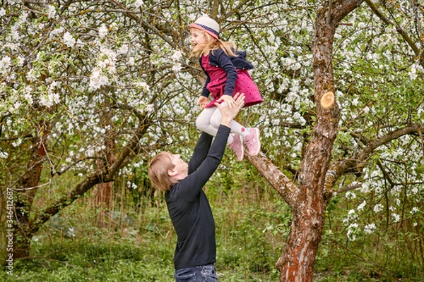 Fototapeta A young father plays with his daughter in a flowering garden. Throws up. Against the background of green grass and flowering trees.