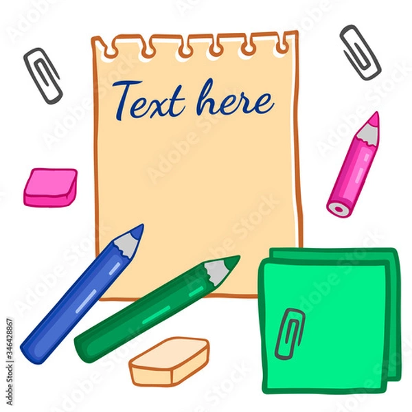 Fototapeta  Doodle sketch notebook with pencils. Cartoon illustration 