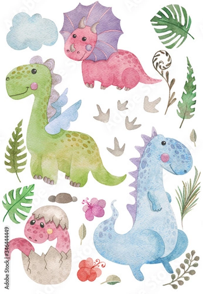Obraz watercolor dinosaurs on white background