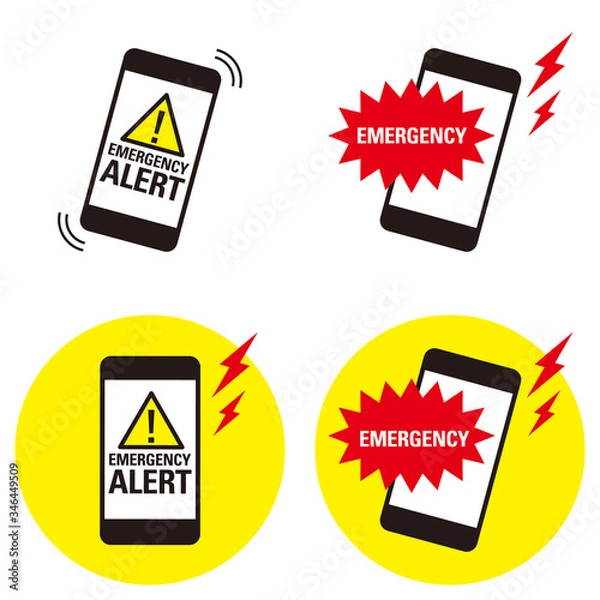 Obraz 緊急速報のアラームがなるスマートフォンのアイコンセット。英語表記。