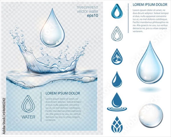 Fototapeta Blue transparent water splashes and drops and collection of icons for your logo. Realistic isolated vector illustration 