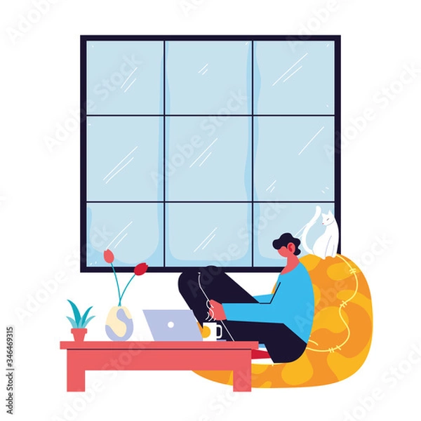 Fototapeta man freelancer working remotely from her home