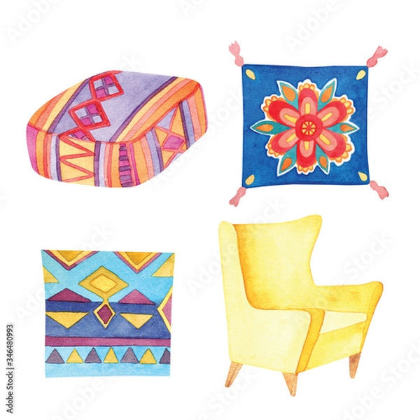 Fototapeta Hand drawn watercolor set of elements in boho style isolated on white background. Yellow armchair, floor cushion and square pillows with boho prints.