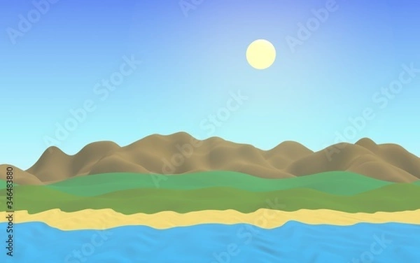 Fototapeta Sun Sea Beach. Noon. Ocean shore line with waves on a beach. Island beach paradise with waves. Vacation, summer, relaxation. Seascape, seashore. Minimalist landscape, primitivism. 3D illustration
