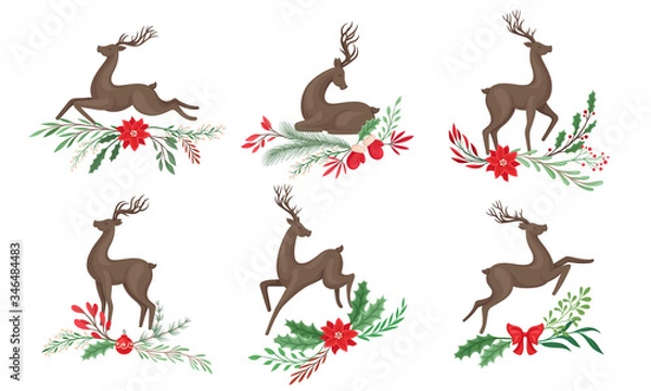 Obraz Brown Deer with Antlers and Winter Twigs and Flower Composition Beneath It Vector Set