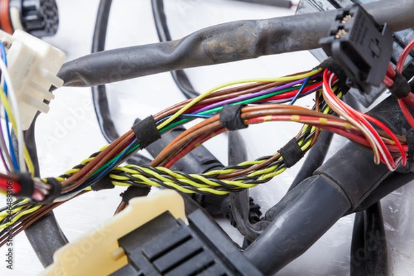 Fototapeta A coil of multi-colored electrical wires and pretangled yellow and black, connected at the nodes of the car during network repair by an engineer or mechanic in a service or workshop.