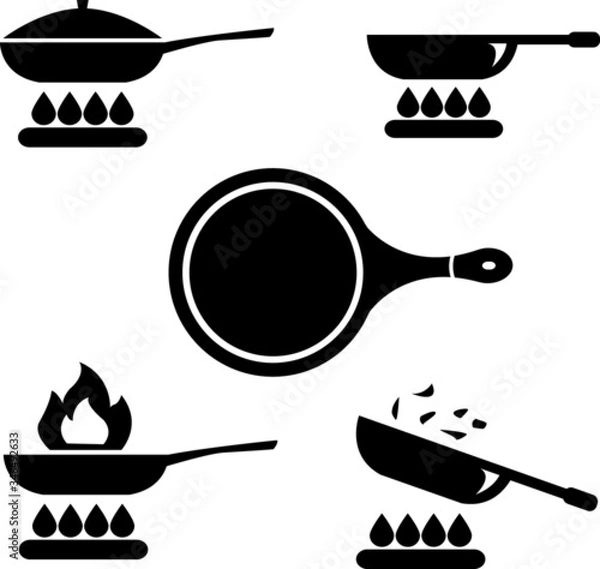 Fototapeta Frying pan or skillet and wok on stove cooking vector icon set
