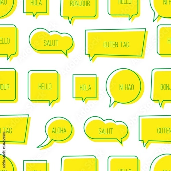 Fototapeta Bright outline Speech Bubbles. Hello in Different languages. Various greetings. Graphic Vector illustration. Cartoon Comic style. Simple, minimal design. Seamless pattern. Background, wallpaper. 