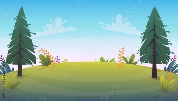 Obraz grass glade lawn in the forest background, joyful bright kids green field, cartoon style hill summer sun clear sky with clouds bushes and flowers in the garden with fir trees , vector