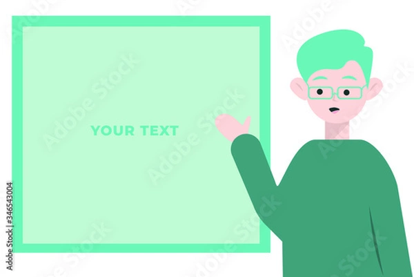 Fototapeta Teacher pointing on blackboard,  man character education at school. University or college tutor or instructor explaining subject. Lecturer or professor at work, vector in flat style