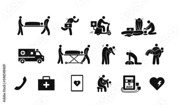 Fototapeta icon set related to emergency response team, life saver, first aid, medical emergency working. flat design