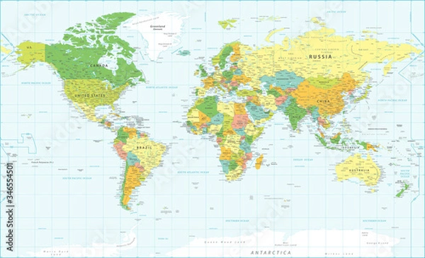 Obraz World Map Vintage Political - Vector Detailed Illustration - Layers