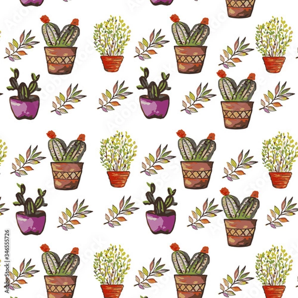 Obraz Summer pattern.Cacti in pots.Ornament .