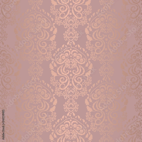 Obraz Damask openwork seamless floral pattern. Pink-beige gold background color, lace fabric in vector