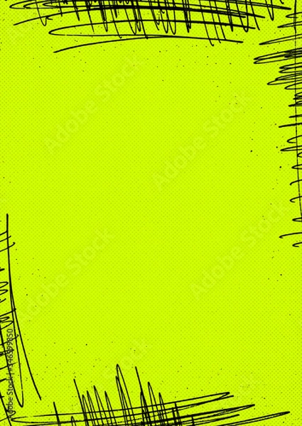 Obraz A vibrant green portrait retro design background with scribble strokes in the corners and a color halftone dot pattern