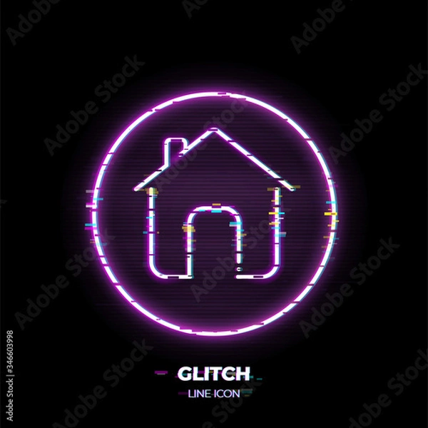 Fototapeta Home line art vector icon. Outline symbol of house. Building pictogram made of thin stroke. Glitched 80s cyber punk style.